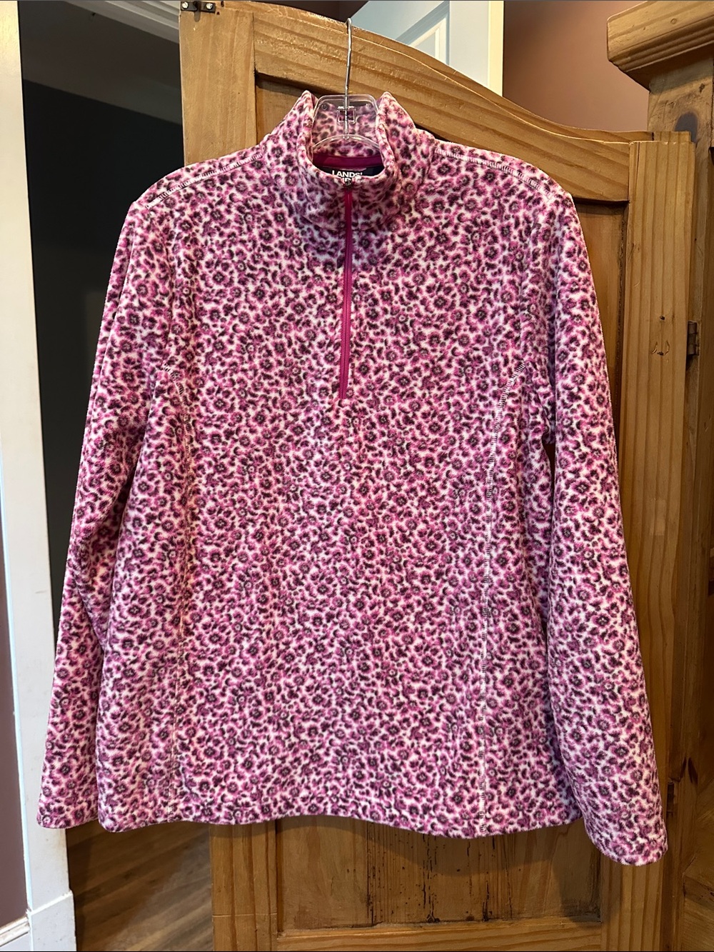 Lands' End Pink Leopard-Print Fleece Half-Zip Pullover